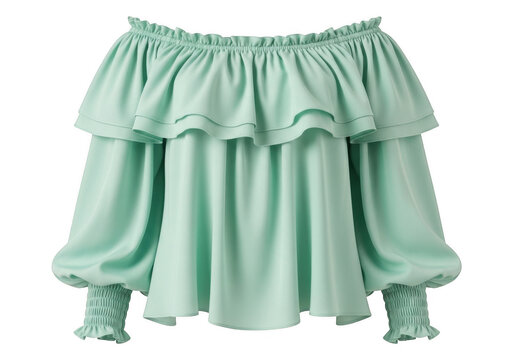Mint green off shoulder blouse with ruffled sleeves and hem