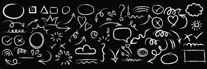 Hand-drawn chalk doodle set with arrows, shapes, symbols, and on a black background © farhanatisha