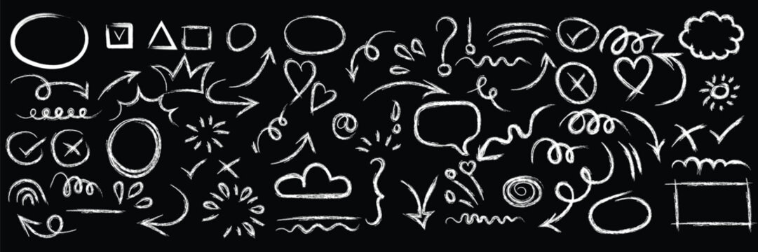 Hand-drawn chalk doodle set with arrows, shapes, symbols, and on a black background