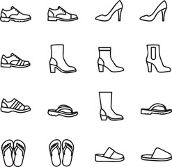 Fototapeta premium Professional Outline Vector Icons of Shoes, Boots, and Sandals