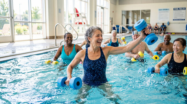 Senior adults performing water aerobics exercises inside indoor community swimming pool