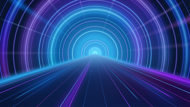 Futuristic Neon Tunnel Perspective Background, Vector Illustration