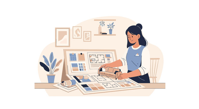 Interior designer planning house layout and choosing materials, modern illustration