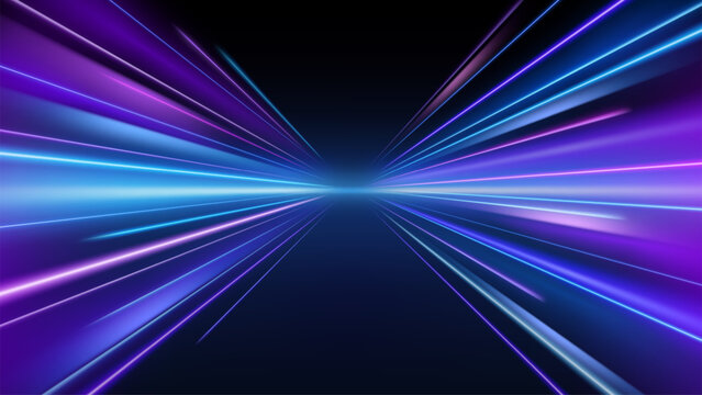 Abstract Blue and Purple Neon Motion Trails Perspective Background, Vector Illustration