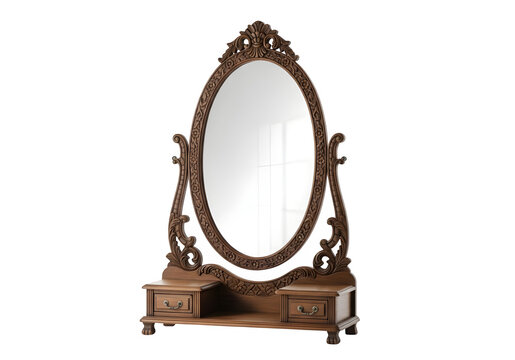 An ornate wooden vanity mirror with two drawers and a carved frame isolated on transparent background