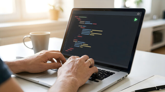 Closeup of a programmers hands typing code on a laptop keyboard at a desk with a coffee mug