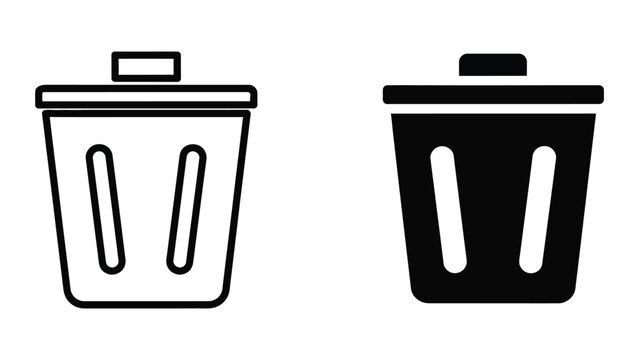 Black and white trash bin icons with lid open