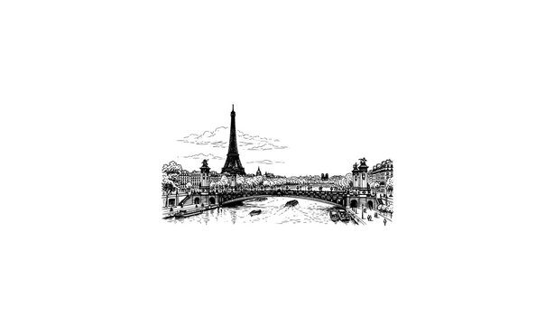 Paris Eiffel Tower Bridge Line Art Black White Sketch Illustration