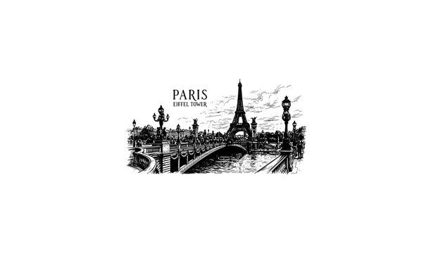 eiffeltower, paris, france, seine, river, bridge, landmark, architecture, travel, tourism, europe, city, skyline, sketch, drawing, lineart, pen, ink, detailed, monochrome, black, white, vector, illust