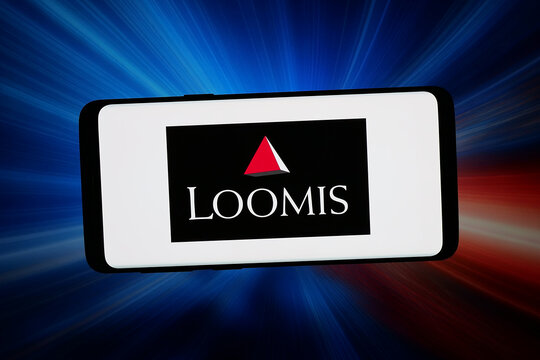 Stuttgart, Germany - 04-23-2026: In this photo illustration, the logo of Swedish cash handling company Loomis AB is displayed on a smartphone in front of abstract background on computer screen.