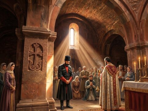 Historical scene of an Armenian church service with a priest performing liturgy for a congregation in traditional Caucasian attire under divine sunlight