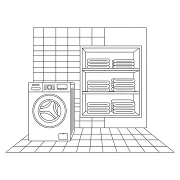 Laundry room with washing machine and folded towels