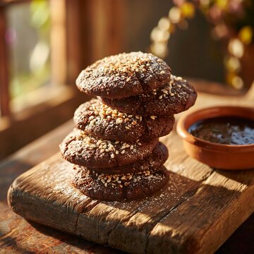 Stack of dibs el kharroub biscuits with sesame seeds on wooden board
