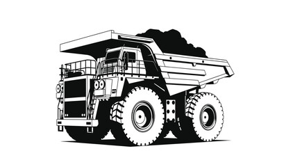 Large mining dump truck silhouette against a white background detailed industrial vehicle illustration silhouette high quality professional modern elegant stylish clean crisp vibrant colorful © Thysl2000