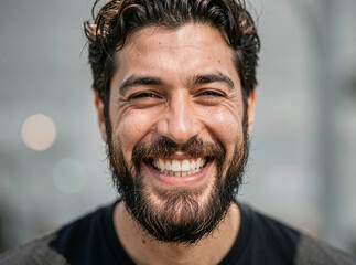 Fototapeta premium Happy man smiling with a beard and short hair. He appears to be in a good mood and enjoying life. Portrait style photo with clear focus on the subject's face.