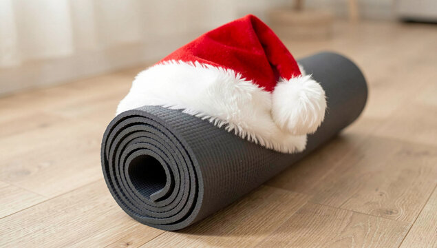 A black rolled-up yoga mat topped with a festive red and white Santa hat.