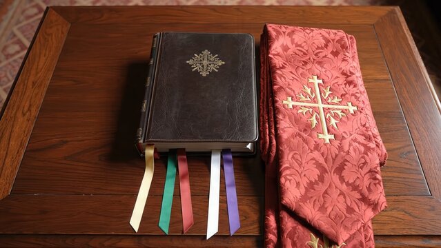 Leather-bound book with colorful ribbons placed on a wooden table beside a red liturgical stole featuring a gold cross design, showcasing a serene indoor setting