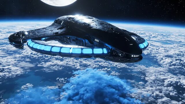 Futuristic black alien spaceship with blue lights hovering in Earth orbit above clouds with the moon in the background.
