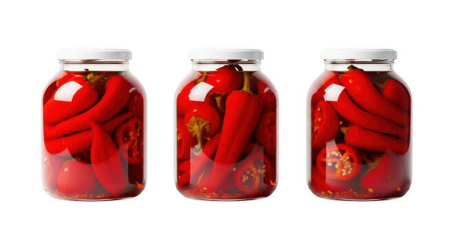 Three red ketchup bottles on shelf isolated on transparent background