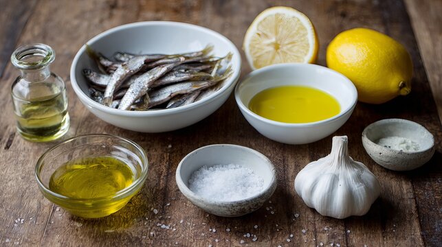 Fresh ingredients for anchovy dressing sit still. Lemon, garlic, oil, salt, and pepper join the anchovies.
