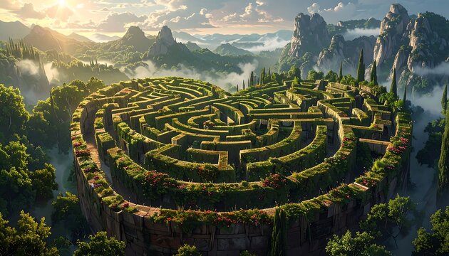 A heart-shaped hedge maze set atop a stone structure, nestled amidst rolling green hills and mountains under a bright sky