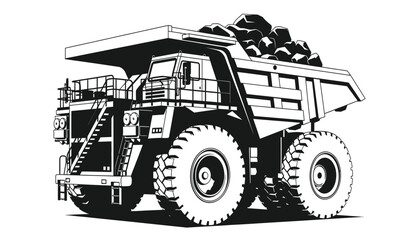 Large mining dump truck silhouette with a full load of rocks and detailed tires black and white silhouette high quality professional modern elegant stylish © Thysl2000