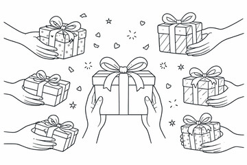 Naklejka premium Hand Drawn Outline Illustration of Multiple Hands Holding and Giving Wrapped Gift Boxes with Bows and Ribbons, Decorative Stars and Hearts for Birthday, Christmas, Anniversary, and Celebration.
