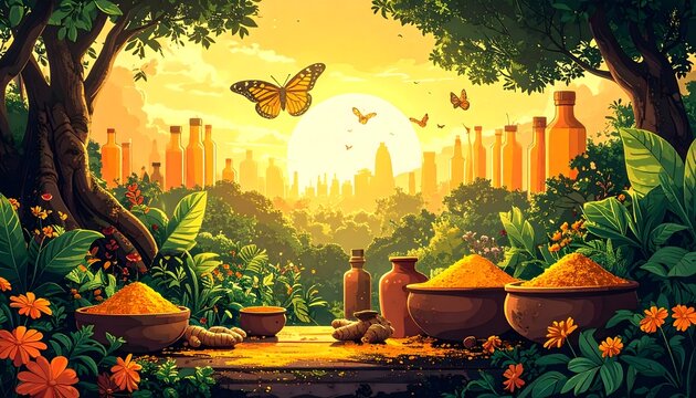 Vibrant surreal illustration of a magical Indonesian jamu garden at sunset with turmeric powder bowls, ginger roots, herbal bottles and monarch butterfly in tropical forest