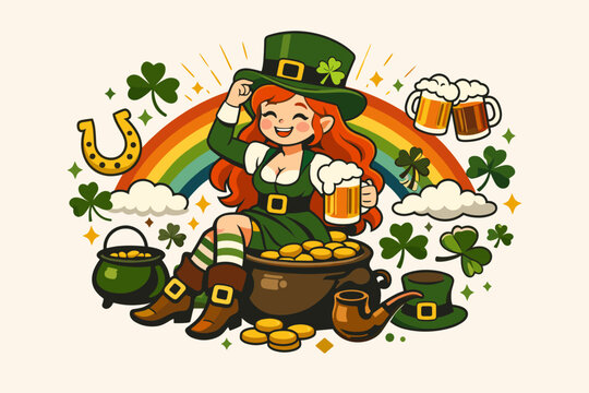 Vintage Saint Patrick's Day Vector Illustration of a Happy Girl Leprechaun Character with Red Hair Sitting on a Pot of Gold Holding a Beer Mug with Rainbow, Shamrocks, and Irish Holiday Symbols