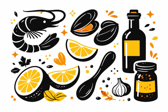 Collection of seafood and cooking ingredients icons featuring shrimp, mussels, lemon, spice jar, spoon, oil bottle, and garlic in a bold black and yellow silhouette flat vector graphic style.