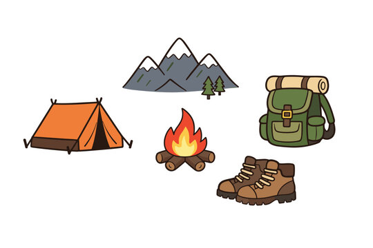 Outdoor Adventure Sketch Collection with Wilderness Essentials. Featuring a Bright Tent, Alpine Peaks, a Crackling Fire, and Trekking Gear for Hiking, Tourism, and Nature Enthusiasts.