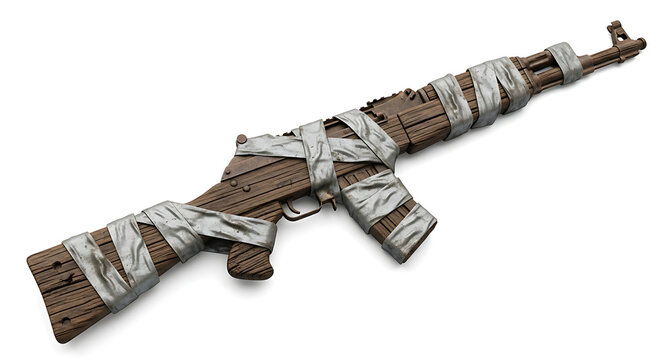 Handcrafted wooden rifle with fabric wraps, a unique makeshift weapon isolated on a white background, symbolizing resilience