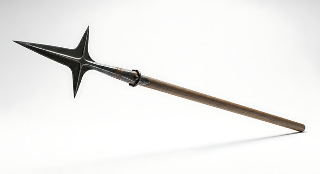 Historical European spetum weapon a detailed ancient polearm with sharp blades and a wooden shaft, isolated on white