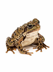 Obraz premium A close-up photo of a frog with dark spots and a white underbelly, sitting on a light grey surface.