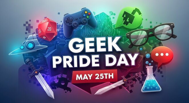 geek pride day celebration with futuristic tech and science elements on may 25th