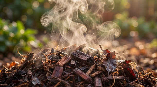 Steaming compost heap with wood chips and leaves in warm sunlight