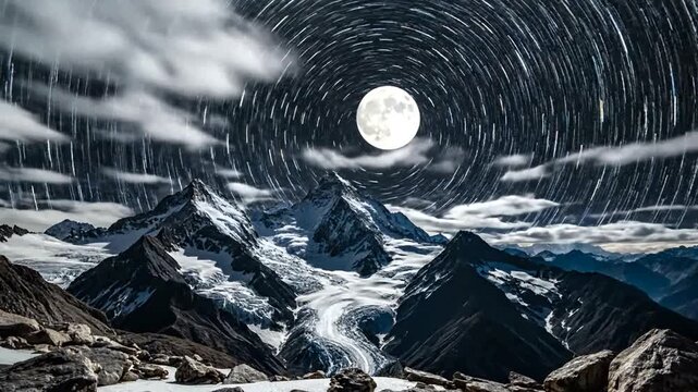 Majestic Mountain Peaks Under a Starry Night Sky with a Full Moon.