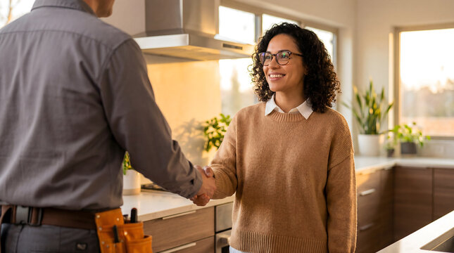 Smiling homeowner shaking hands with tradesman in modern kitchen