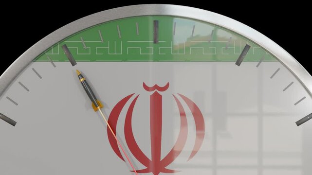 A missile as the seconds hand of a clock with an Iranian flag as the dial. The image zooms in significantly when the hand reaches 12 o'clock.