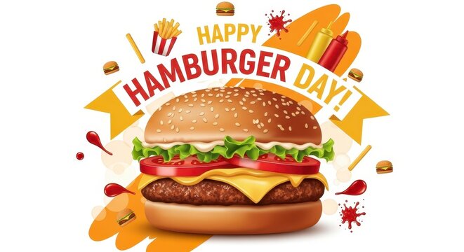 happy hamburger day celebration with juicy burger and festive elements on white background