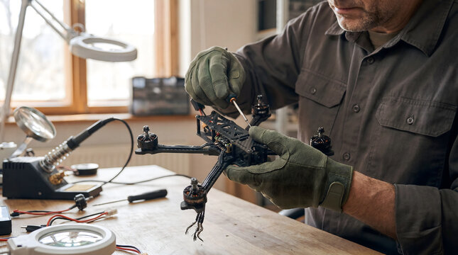 Technician assembling FPV racing drone frame with screwdriver in workshop