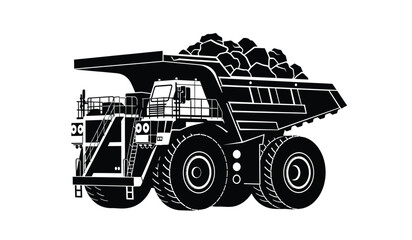 Large mining dump truck filled with rocks and debris black and white silhouette high quality professional detailed modern elegant stylish clean crisp vibrant colorful © Thysl2000