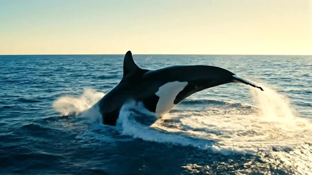 Majestic Orca Whale Leaping from Ocean Surface at Sunset.
