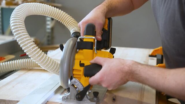 Close up view of Carpenter using electric circular saw to cut wood during construction or renovation work. Close up view of power tool in action in a workshop.