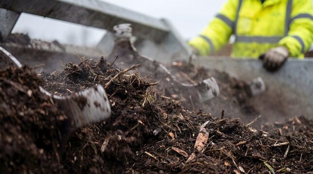 Worker operating compost turner machine at outdoor composting facility