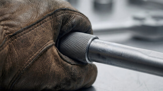 Gloved hand gripping knurled steel torque wrench bar close-up