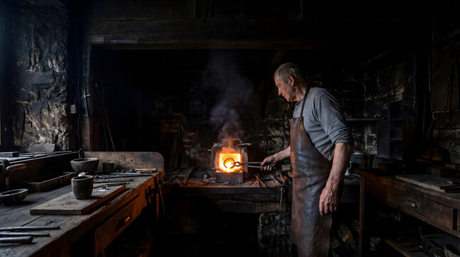 Senior blacksmith working glowing hot metal at forge in rustic stone workshop