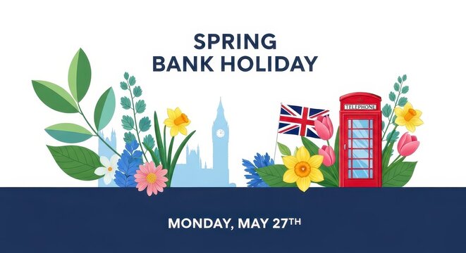spring bank holiday poster with british landmarks and floral border may 27th