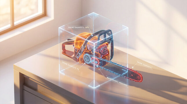 Chainsaw engine diagnostic hologram display with maintenance alert on workbench