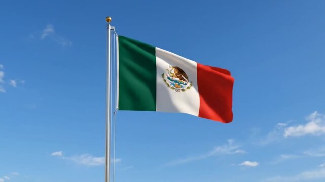 The Mexico flag flies against a bright blue sky.